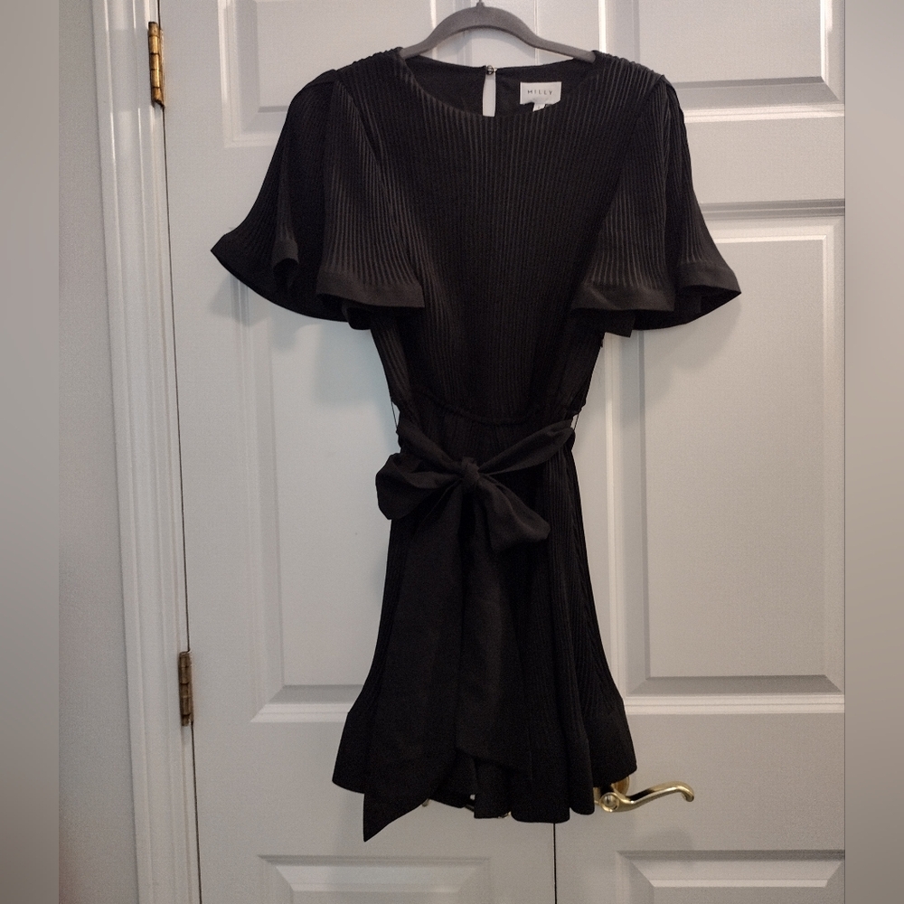 Milly Black, Ribbed, Belted Short Sleeve Mini Dress 8